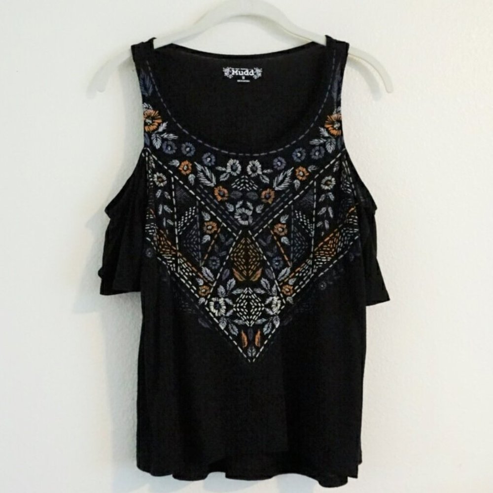 Mudd Black Flowy Open Shoulder Top